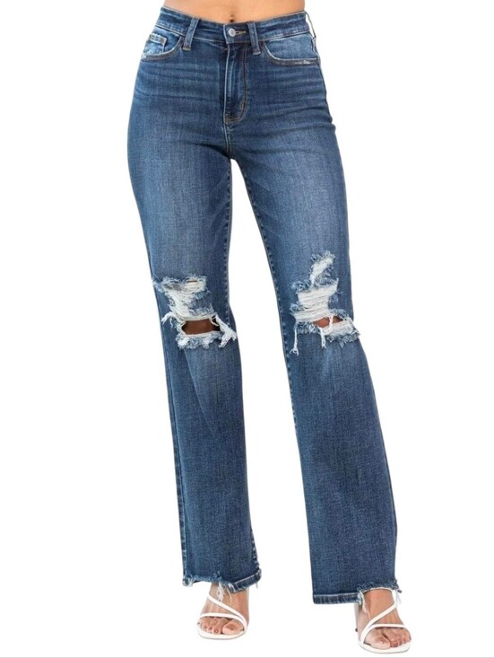 Judy Blue Denim - Judy Blue High Waist 90's Knee Destroy Straight Leg Jeans Dark Wash Stretch 9 29